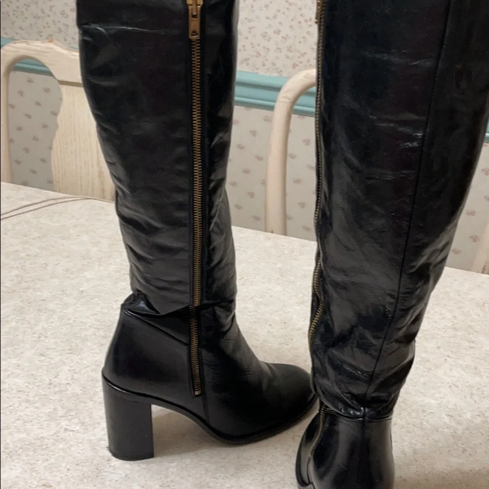 TOP SHOP OVER THE KNEE BLACK LEATHER HEELED BOOTS